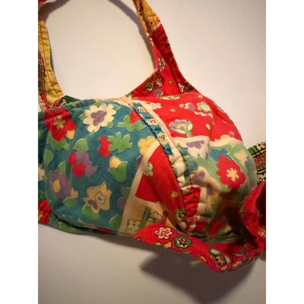 Vintage Patchwork Floral Bikini Top Front Tie Retro Boho‎ Multicolor Swimwear